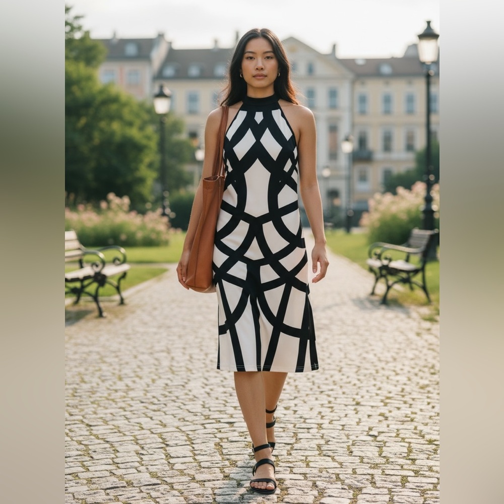CBR Chic Boutique Rose‎ Halter Dress Black White Geometric Sleeveless Midi NWT L